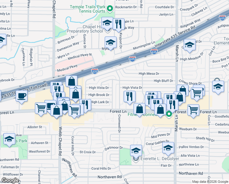 map of restaurants, bars, coffee shops, grocery stores, and more near 11906 Cromwell Drive in Dallas