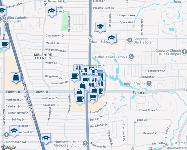 map of restaurants, bars, coffee shops, grocery stores, and more near 11930 Preston Road in Dallas