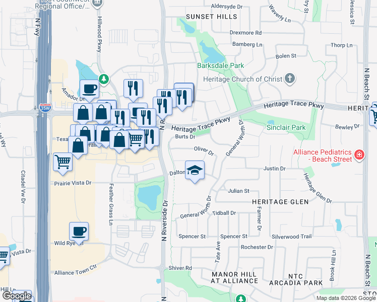 map of restaurants, bars, coffee shops, grocery stores, and more near 3520 Oliver Drive in Fort Worth