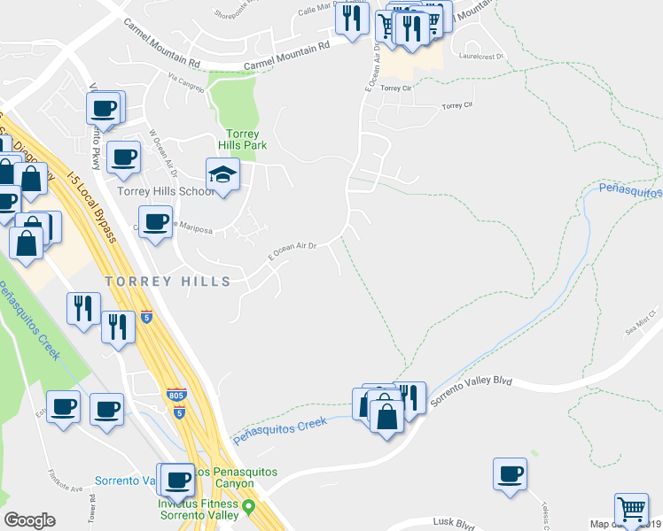 map of restaurants, bars, coffee shops, grocery stores, and more near 10513 Corte Jardin Del Mar in San Diego