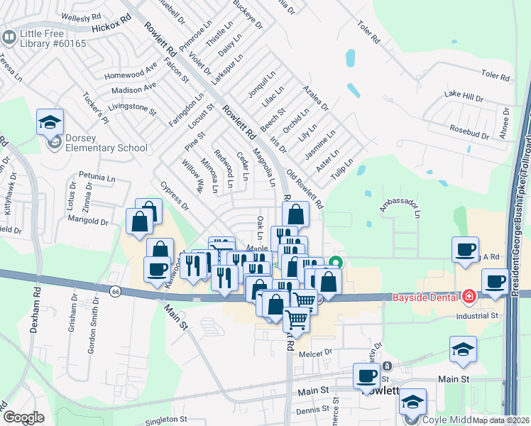 map of restaurants, bars, coffee shops, grocery stores, and more near 3301 Holly Lane in Rowlett