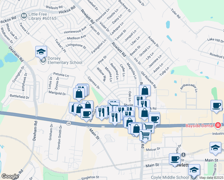 map of restaurants, bars, coffee shops, grocery stores, and more near 3105 Holly Lane in Rowlett