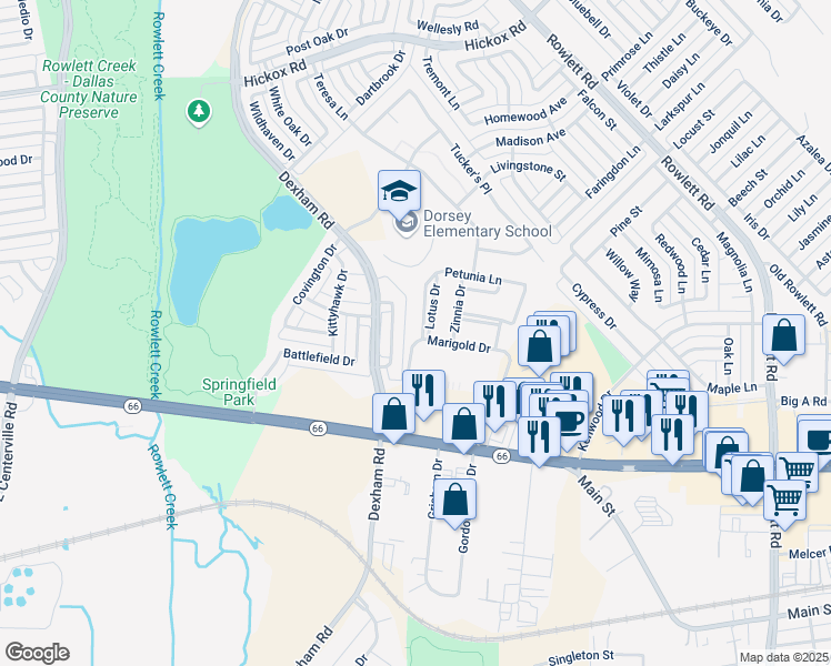 map of restaurants, bars, coffee shops, grocery stores, and more near 5902 Brookline Drive in Rowlett