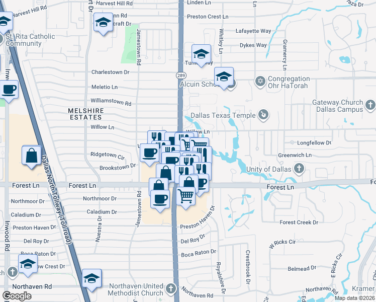 map of restaurants, bars, coffee shops, grocery stores, and more near 11930 Preston Road in Dallas