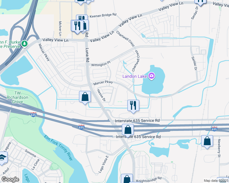 map of restaurants, bars, coffee shops, grocery stores, and more near 12176 Blackburn Way in Farmers Branch