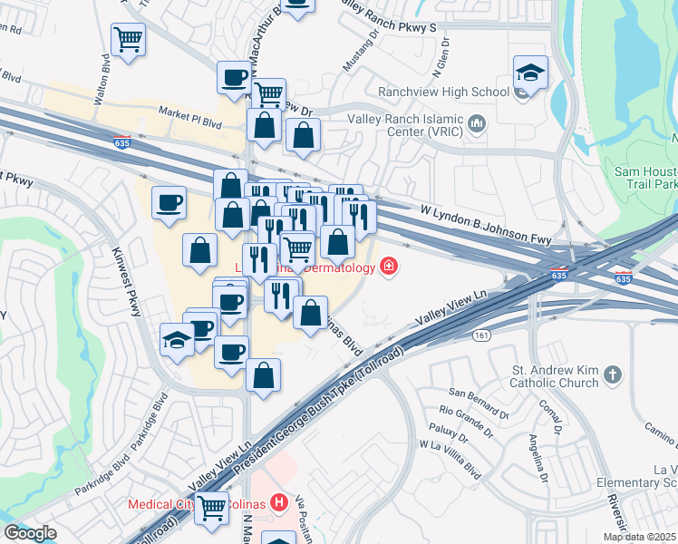 map of restaurants, bars, coffee shops, grocery stores, and more near 7701 Las Colinas Ridge in Irving