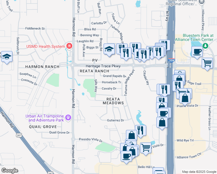 map of restaurants, bars, coffee shops, grocery stores, and more near 2241 Cavalry Drive in Fort Worth