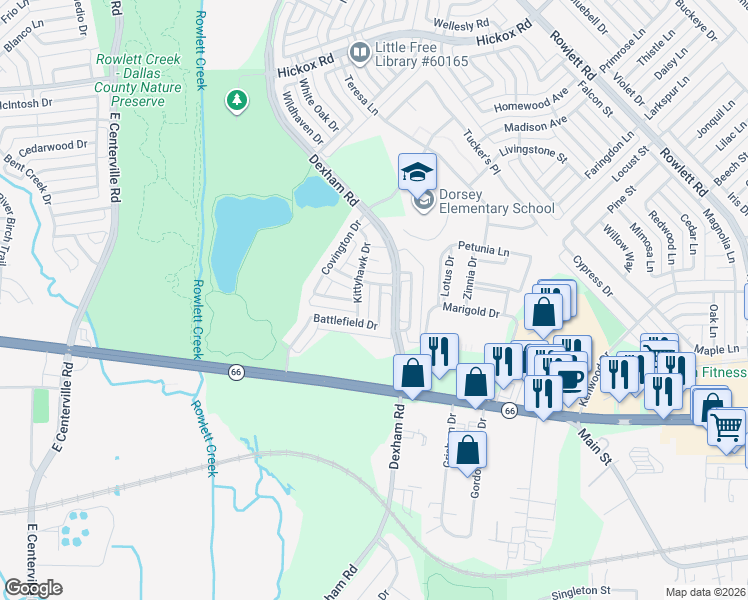 map of restaurants, bars, coffee shops, grocery stores, and more near 5905 Beacon Drive in Rowlett