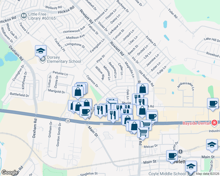 map of restaurants, bars, coffee shops, grocery stores, and more near 3105 Holly Lane in Rowlett