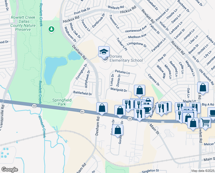 map of restaurants, bars, coffee shops, grocery stores, and more near 5902 Brookline Drive in Rowlett