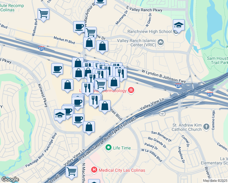 map of restaurants, bars, coffee shops, grocery stores, and more near 7701 Las Colinas Ridge in Irving