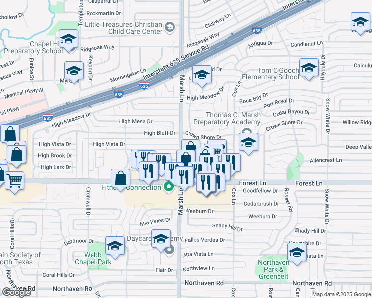 map of restaurants, bars, coffee shops, grocery stores, and more near 3728 High Vista Drive in Dallas