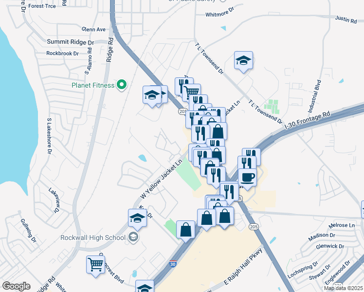 map of restaurants, bars, coffee shops, grocery stores, and more near 1000 West Yellow Jacket Lane in Rockwall