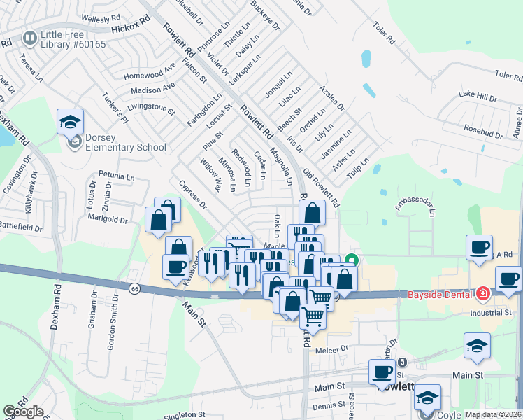 map of restaurants, bars, coffee shops, grocery stores, and more near 3301 Holly Lane in Rowlett