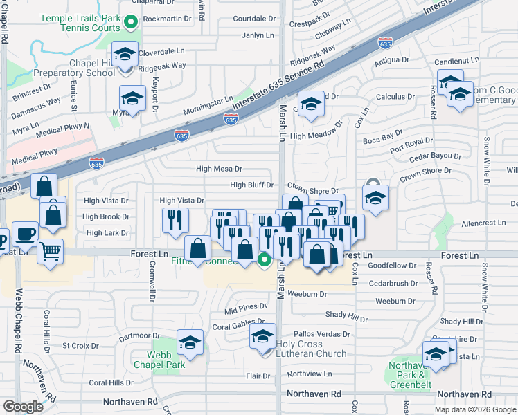 map of restaurants, bars, coffee shops, grocery stores, and more near 3616 Parkridge Drive in Dallas