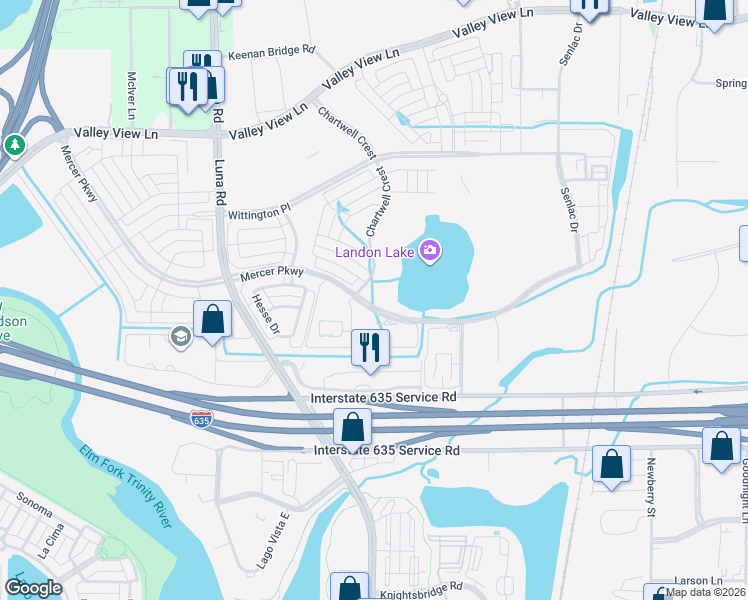 map of restaurants, bars, coffee shops, grocery stores, and more near 11900 Luna Road in Farmers Branch