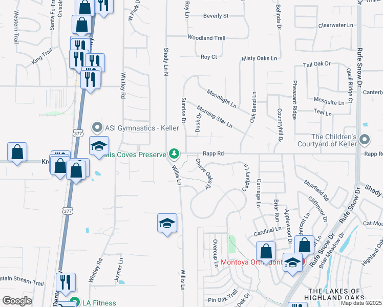 map of restaurants, bars, coffee shops, grocery stores, and more near 1300 Chase Oaks Drive in Keller