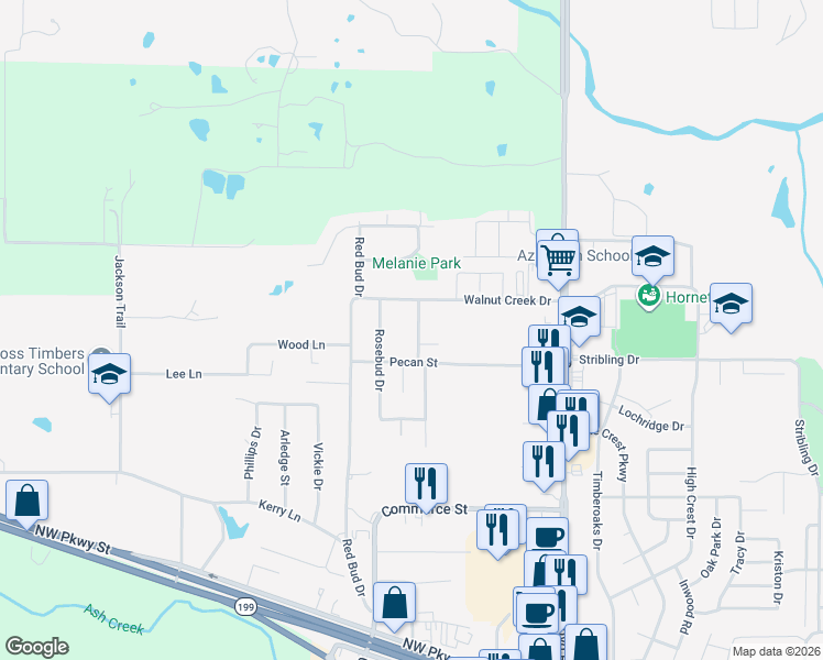 map of restaurants, bars, coffee shops, grocery stores, and more near 1005 Red Oak Street in Azle