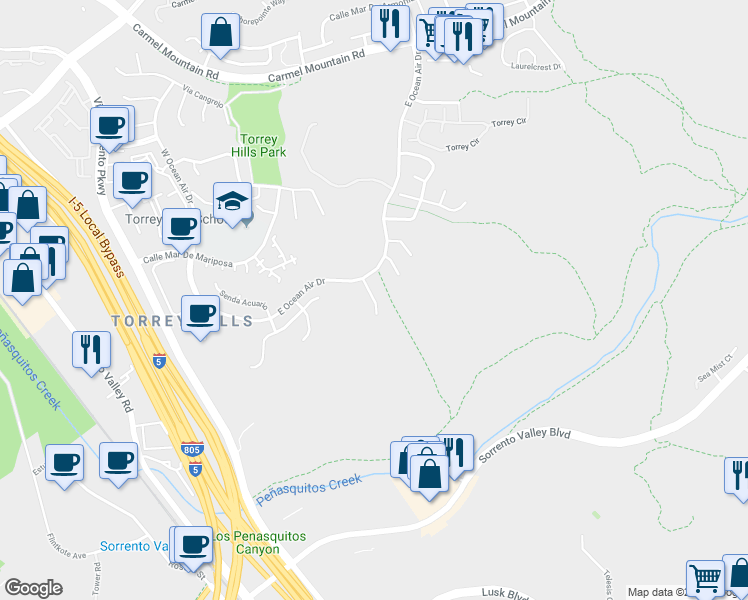 map of restaurants, bars, coffee shops, grocery stores, and more near Corte Jardin Del Mar in San Diego