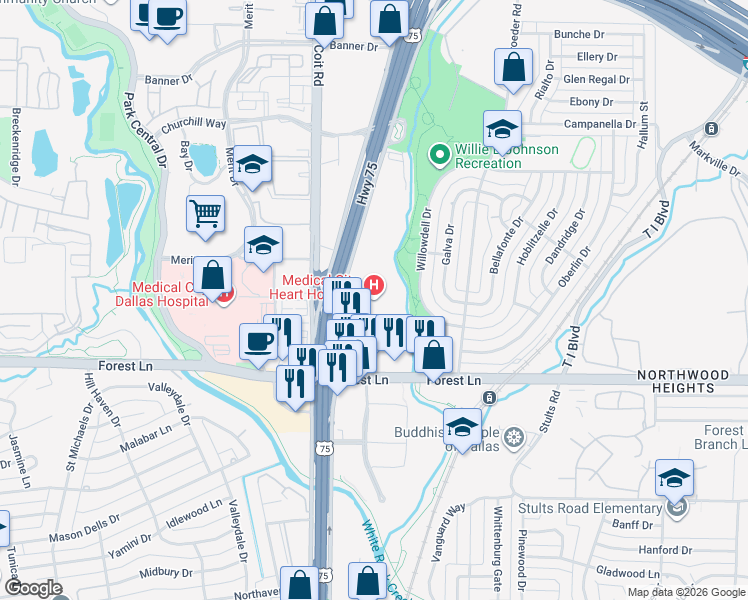 map of restaurants, bars, coffee shops, grocery stores, and more near 11970 North Central Expressway in Dallas