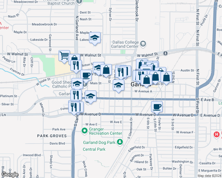 map of restaurants, bars, coffee shops, grocery stores, and more near 116 South 11th Street in Garland