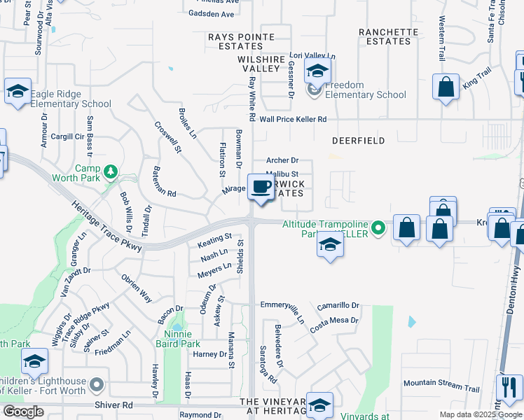 map of restaurants, bars, coffee shops, grocery stores, and more near 9500 Ray White Road in Fort Worth