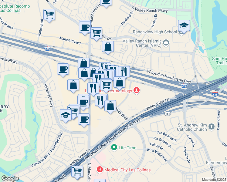 map of restaurants, bars, coffee shops, grocery stores, and more near 7701 Las Colinas Ridge in Irving