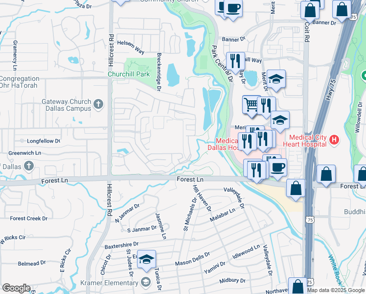 map of restaurants, bars, coffee shops, grocery stores, and more near Swan Lake in Dallas