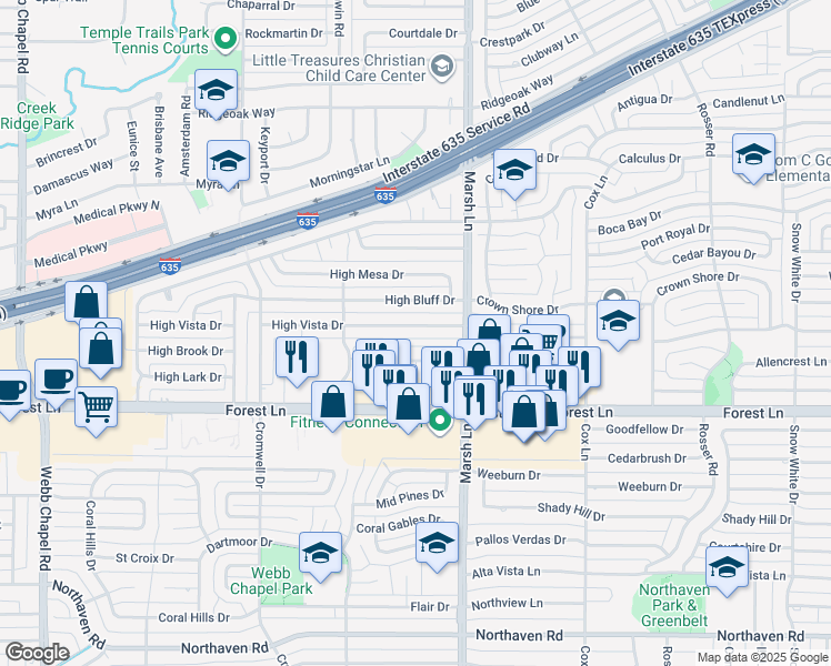 map of restaurants, bars, coffee shops, grocery stores, and more near 3616 Parkridge Drive in Dallas