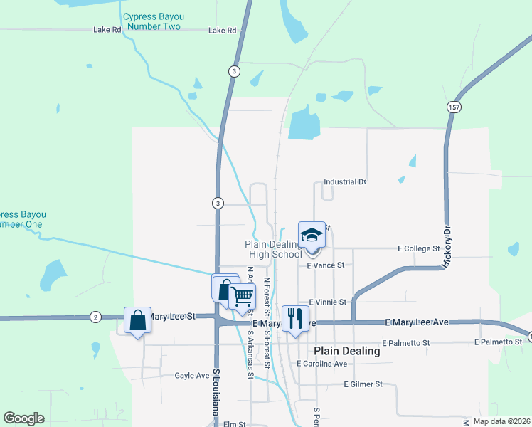 map of restaurants, bars, coffee shops, grocery stores, and more near 460 North Forest Street in Plain Dealing