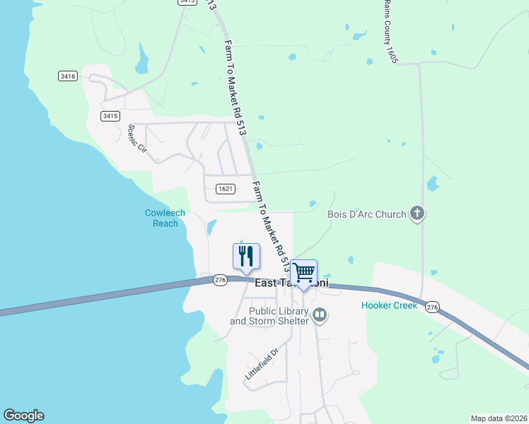 map of restaurants, bars, coffee shops, grocery stores, and more near County Road 513 in East Tawakoni