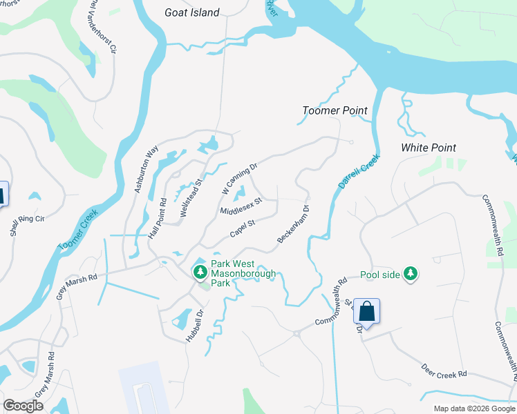 map of restaurants, bars, coffee shops, grocery stores, and more near 1560 Capel Street in Mount Pleasant