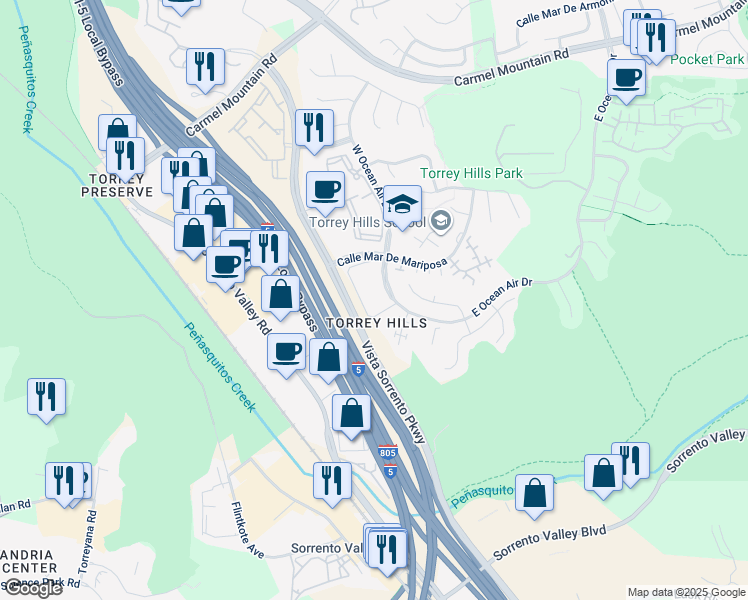 map of restaurants, bars, coffee shops, grocery stores, and more near 10615 Calle Mar De Mariposa in San Diego