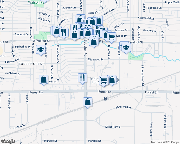 map of restaurants, bars, coffee shops, grocery stores, and more near 320 South Jupiter Road in Garland