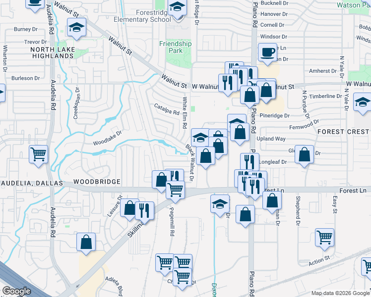 map of restaurants, bars, coffee shops, grocery stores, and more near 10335 Red Elm Road in Dallas