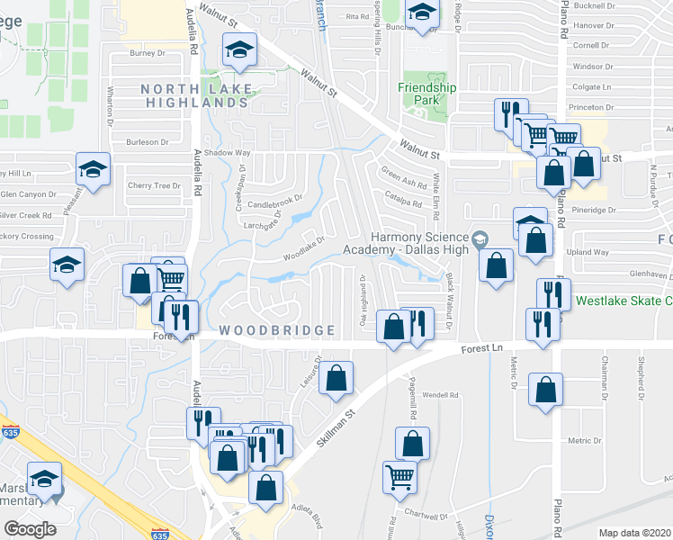 map of restaurants, bars, coffee shops, grocery stores, and more near 11911 Garden Terrace Drive in Dallas