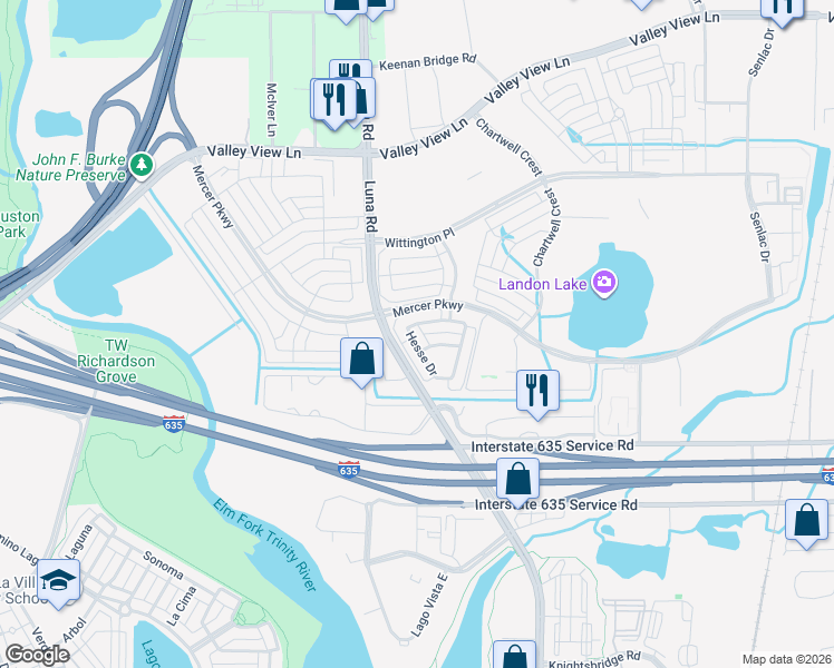 map of restaurants, bars, coffee shops, grocery stores, and more near 12124 Hesse Drive in Farmers Branch