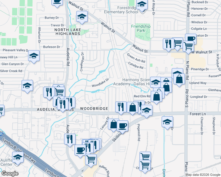 map of restaurants, bars, coffee shops, grocery stores, and more near 11911 Garden Terrace Drive in Dallas