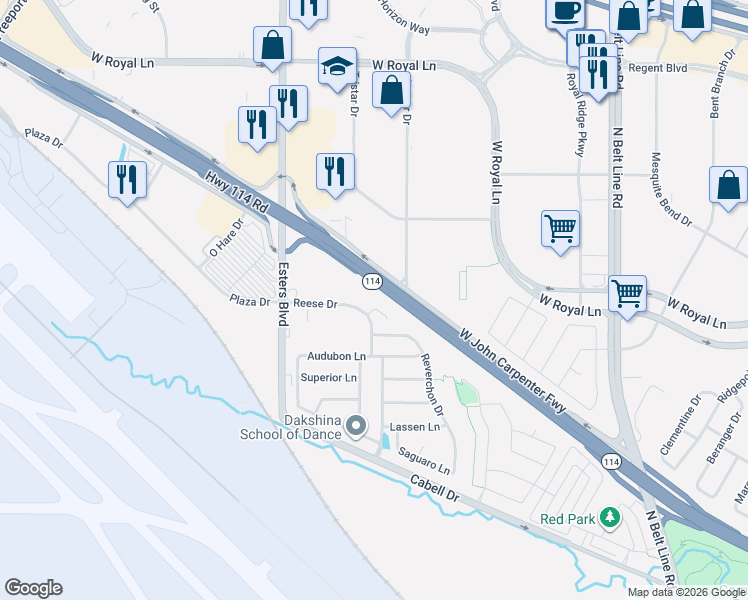 map of restaurants, bars, coffee shops, grocery stores, and more near 4224 Prado Circle in Irving