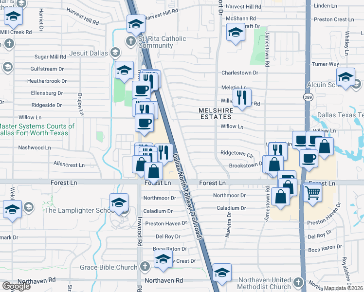 map of restaurants, bars, coffee shops, grocery stores, and more near 11947 Quincy Lane in Dallas