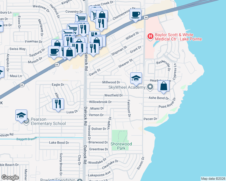 map of restaurants, bars, coffee shops, grocery stores, and more near 9018 Linda Vista Drive in Rowlett