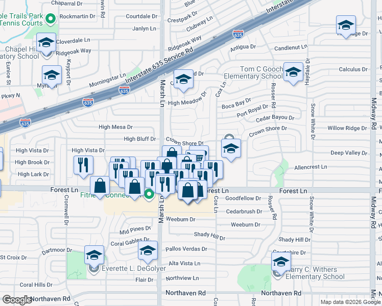 map of restaurants, bars, coffee shops, grocery stores, and more near 3748 High Vista Drive in Dallas
