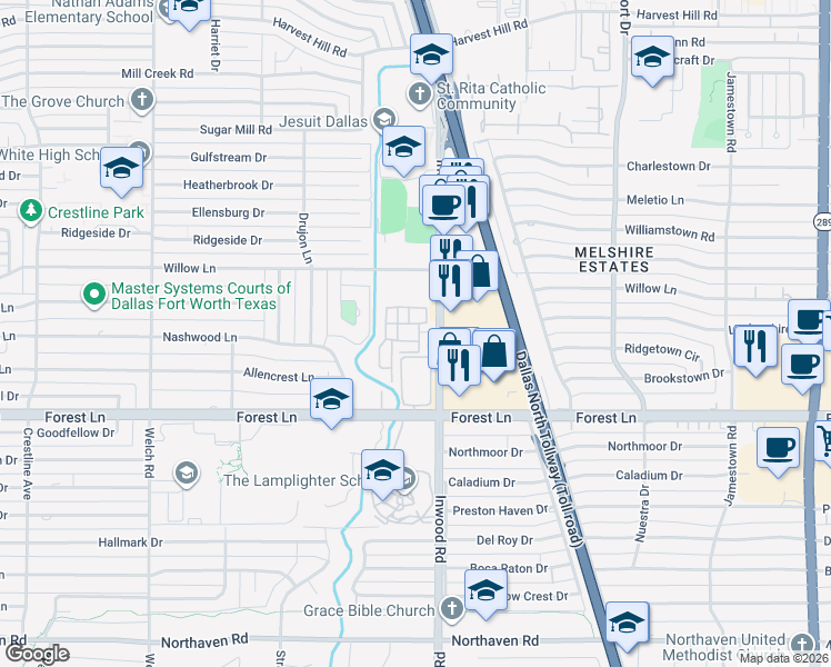 map of restaurants, bars, coffee shops, grocery stores, and more near 12001 Inwood Road in Dallas