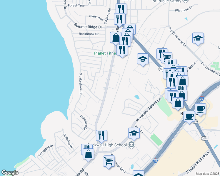 map of restaurants, bars, coffee shops, grocery stores, and more near 1453 Ridge Road in Rockwall
