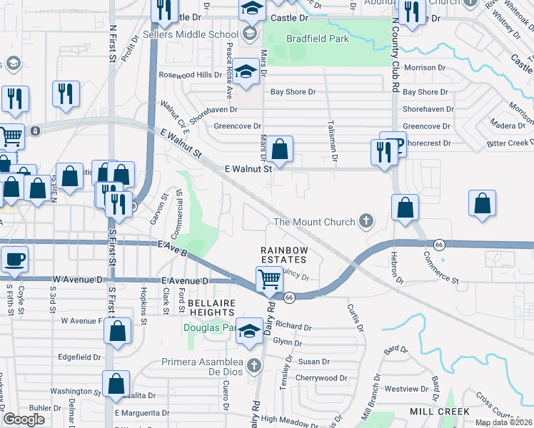 map of restaurants, bars, coffee shops, grocery stores, and more near 301 Davidson Drive in Garland