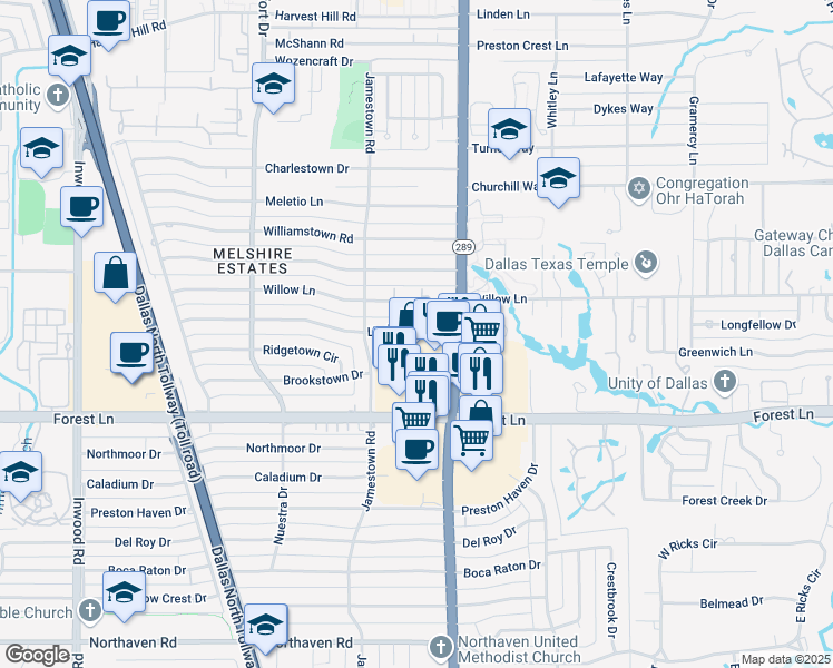 map of restaurants, bars, coffee shops, grocery stores, and more near 11909 Preston Road in Dallas