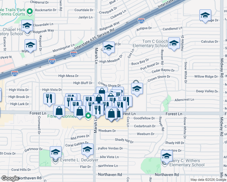 map of restaurants, bars, coffee shops, grocery stores, and more near 3748 High Vista Drive in Dallas