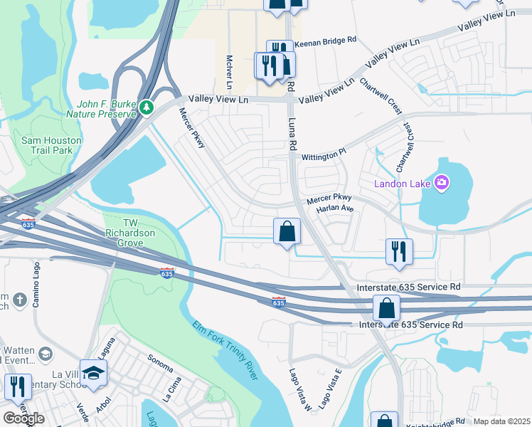 map of restaurants, bars, coffee shops, grocery stores, and more near 12569 Royal Oaks Lane in Farmers Branch