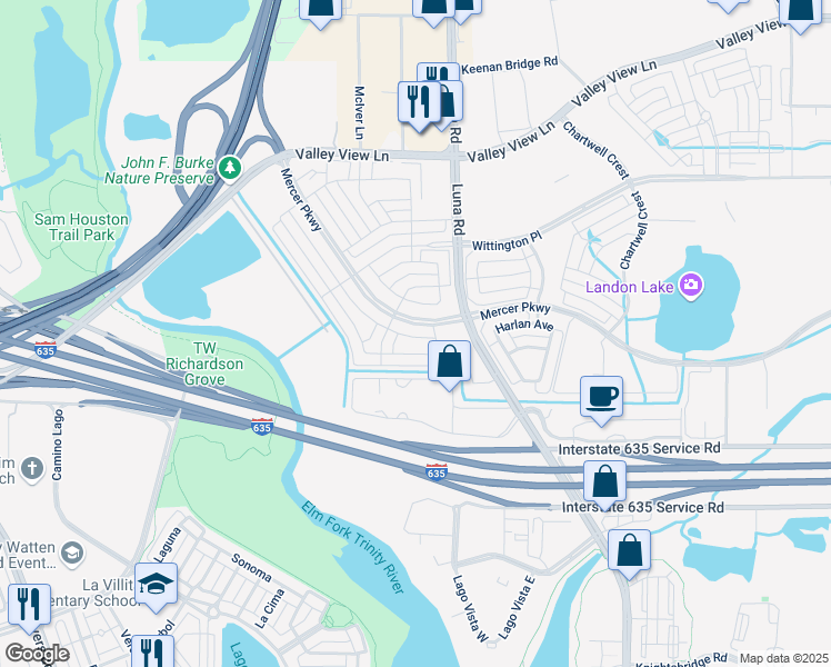 map of restaurants, bars, coffee shops, grocery stores, and more near 12569 Royal Oaks Lane in Farmers Branch