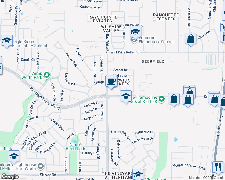 map of restaurants, bars, coffee shops, grocery stores, and more near 9500 Ray White Road in Fort Worth